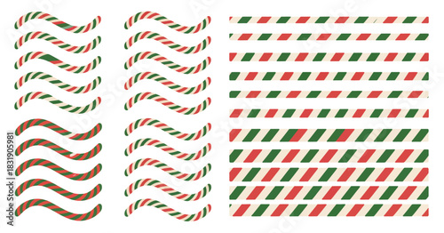  Candy cane border set, red and white wavy glossy stripes with peppermint accents, perfect for holiday graphic designs, seasonal illustration projects, cards, banners, 