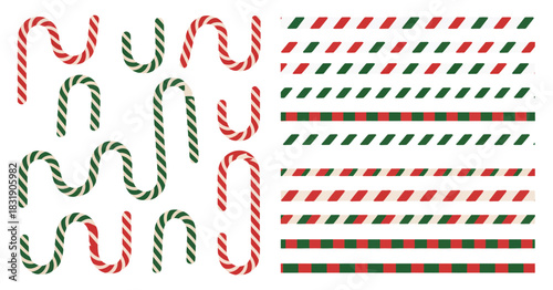 Christmas candy cane line borders set, glossy red and white wavy striped borders, festive peppermint ornaments vector design, perfect for holiday cards, winter decorations, 