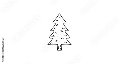 Simple black and white line art illustration of a pine or fir tree, hand-drawn in a cute doodle style on a white background.