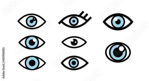 Set of eight stylized eye icons in a simple black outline style with light blue irises, isolated on a clean white background.