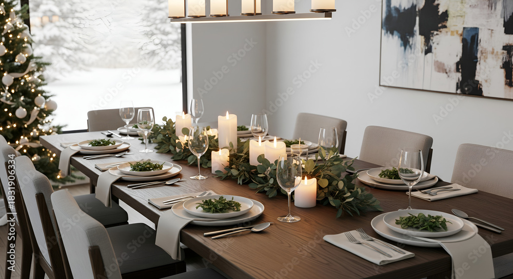 Fototapeta premium Christmas dining room interior with elegant restaurant table setting, chairs, and modern home decor