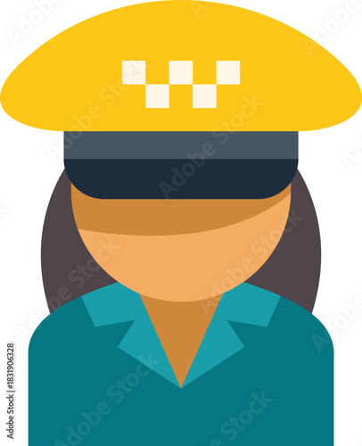 This vector illustration features a female taxi driver wearing a yellow checkered cap, representing transportation services