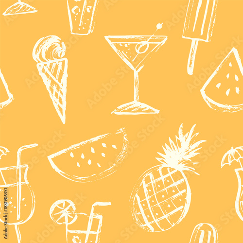 Hand drawn summer seamless pattern with popsicles, cocktails, pineapple, ice cream cone, watermelon on yellow background.