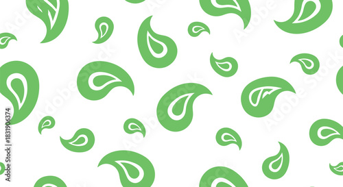 Seamless pattern of scattered green paisley shapes in various sizes, creating a simple and playful background on a white canvas.