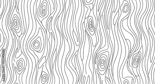 Seamless black and white line art pattern illustrating a detailed wood grain texture with knots, suitable for backgrounds.