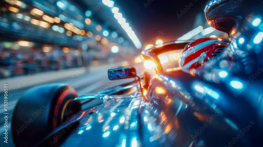 Obraz premium Dynamic POV shot from inside a race car speeding through a brightly lit racetrack