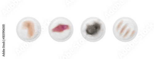 Cosmetic cotton pad disks with dirty traces of mascara, lipstick, foundation, vector used round pad skin care, sponge