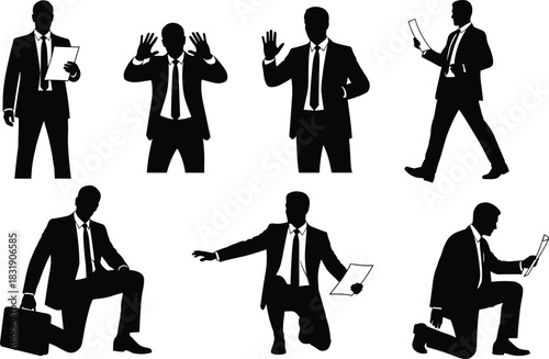 Set of diverse black silhouettes of businessmen in various poses, representing corporate action, negotiation, victory, and documentation, isolated vector illustrations