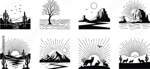 Set of eight black silhouette desert and nature landscape monoline icons: featuring cacti, mountains, rising sun, river, trees, and wildlife for outdoor adventure and travel logos.
