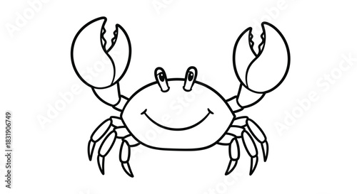 Cute and simple black and white line drawing of a smiling crab, ideal for a children's coloring book page or activity.