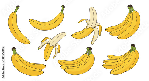 Colorful collection of ripe yellow banana fruits, including single bananas, bunches, and peeled options, isolated on a white background.