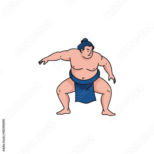 Cartoon illustration of a sumo wrestler in a traditional mawashi belt, preparing for a match with a wide stance.