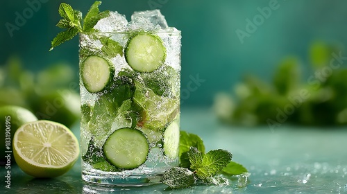 refreshing mojito cocktail features cucumber slices, mint leaves, and ice with condensation on the glass against a bright green background.