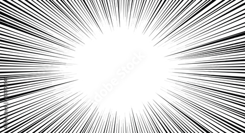 Dynamic black and white manga-style background with radial speed lines bursting from the center, creating a sense of action.