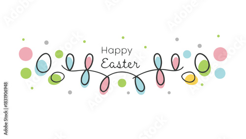 Happy easter greeting with a whimsical string of pastel colored easter eggs and dots on a clean white background perfect for spring celebrations and festive designs