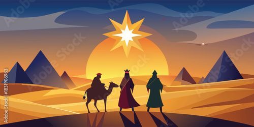 Three Wise Men Following the Bright Star of Bethlehem Silhouette