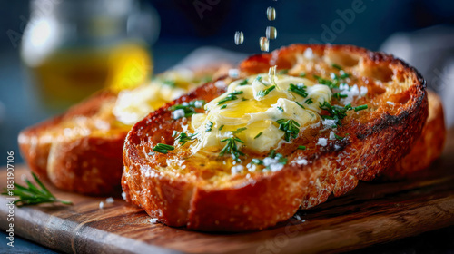 Close-up of warm toasted bread topped with melting butter, herbs, and dripping golden honey