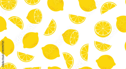 Vibrant and seamless pattern of yellow lemons and citrus slices scattered across a clean white background, perfect for summer designs.