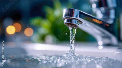 Clear running water flowing from a modern chrome faucet into a sink, symbolizing freshness, hygiene, and purity