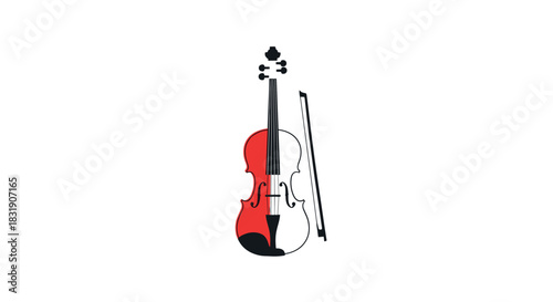 Stylized illustration of a violin with a bow, using a striking red, black, and white color palette on a plain background.