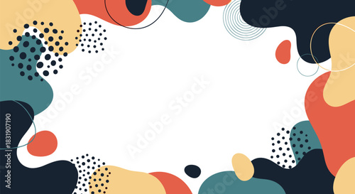Modern abstract background frame with colorful organic fluid shapes, lines, and dots in a trendy memphis style with copy space.