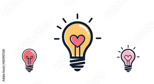 Set of three light bulb icons with glowing hearts inside, symbolizing creative passion, love, and bright ideas in a cute style.