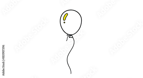 Simple line art drawing of a single party balloon with a yellow highlight, floating at the end of a long, wavy string.