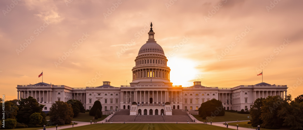 Fototapeta premium United States Capitol building stands majestically against sunset backdrop, showcasing its iconic dome and neoclassical architecture