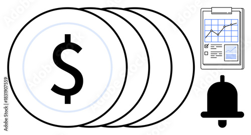 Large coins with dollar sign, a chart on clipboard indicating financial growth, and notification bell. Ideal for finance, investment, savings, alerts, data analysis, budgeting economic planning