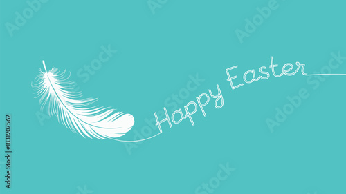 Elegant white feather and handwritten text happy easter on a teal blue background