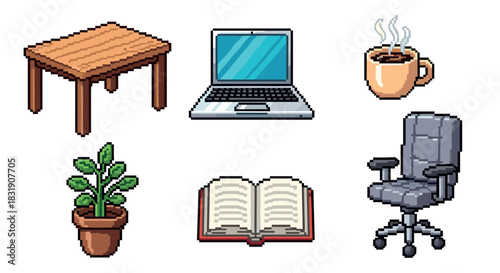 Pixel art office and workspace icon set featuring a table, laptop, chair, book, plant, and coffee in a retro 8-bit video game style,