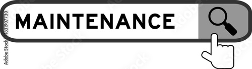 Search banner in word maintenance with hand over magnifier icon on white background