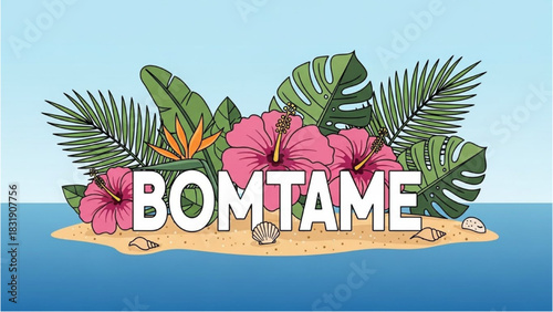 Tropical Paradise Vibrant Flowers and Lush Foliage on a Sandy Island, BOMTAME
