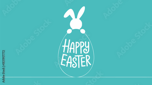 Cute white bunny peeking over a large easter egg with happy easter text on a teal background