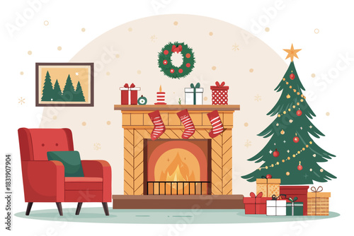 Beautiful Cozy Fireplace Living Room With Christmas Premium Digital Asset
