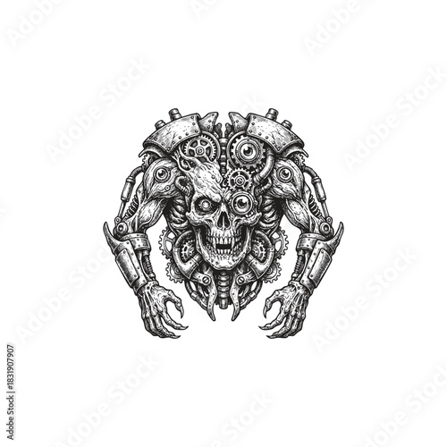 Terrifying steampunk or gothic illustration of a cyborg monster with a skull face, exposed brain, gears, metal plates, and mechanical arms