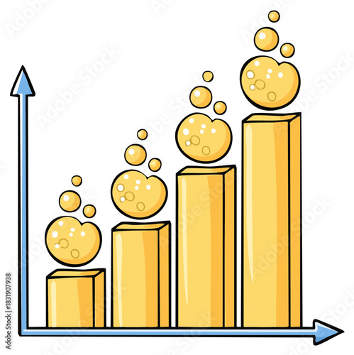 Financial growth graph chart showing increase with gold bars and foam bubble topping elements