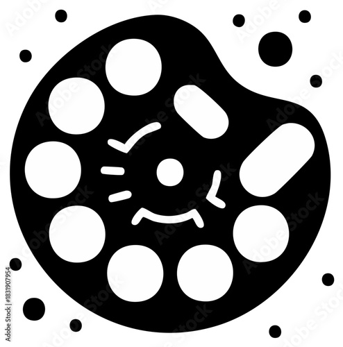 Abstract organic cell shape with internal circular and oval structures and small scattered dots