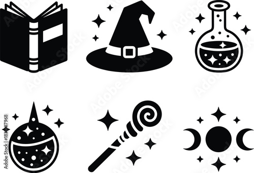 Magic Wizard Icons Set with Hat,Spellbook,Wand, Potion,Globe and Moon,Fantasy Magic Icons Set,Stars and Wizard Hat,Potion and Moon Stars,Magic Tools and Celestial Objects,Flat Black Magic Icons,Ai