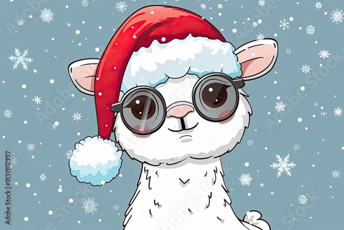 Funny llama wearing a holiday hat sits in festive setting, great for Christmas cards, ads, and seasonal promotions