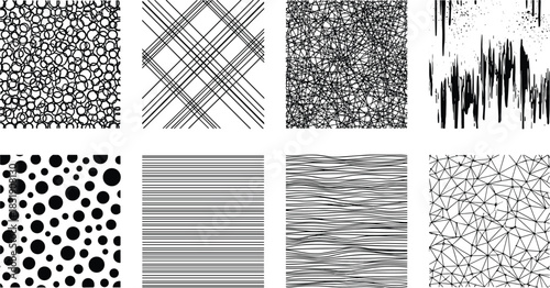 Set of eight seamless black and white abstract geometric and organic texture patterns, including dots, circles, lines, grids, and grunge for modern backgrounds and overlays.