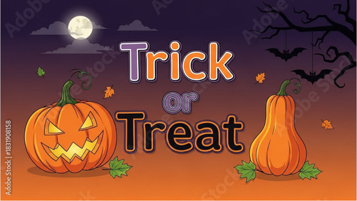 Spooky autumn night with carved pumpkins, flying bats, and full moon scene for festive trick or treat celebration