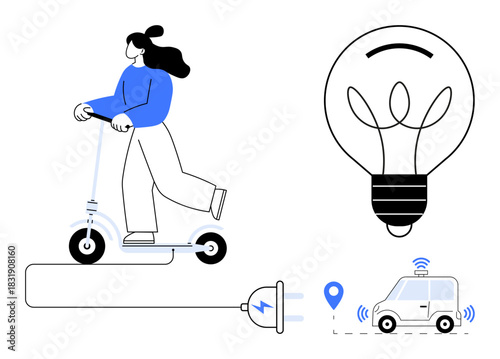 E-scooter rider connected to charging cable, lightbulb, and autonomous electric car with location marker. Ideal for sustainability, eco-transport, smart innovation, clean energy, urban mobility