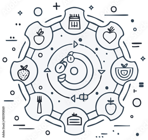 Circular diagram illustrating a balanced diet and healthy lifestyle with food icons and cycle symbols