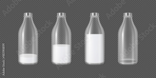 Realistic transparent plastic or glass bottles of milk mock up vector set, dairy product packages with milk and without