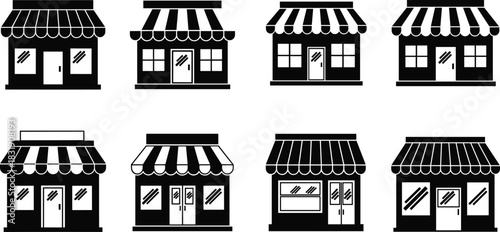 Set of eight simple black silhouette shop facade icons with striped awnings, representing various retail stores, small businesses, commerce, and marketplace locations for web design.