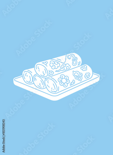 A minimalist illustration of three spring rolls stacked on a white rectangular plate, set against a solid light blue background.