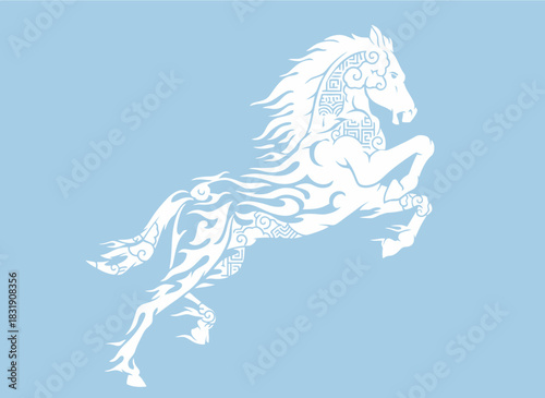 A stylized white horse with intricate tribal patterns rearing on a light blue background.