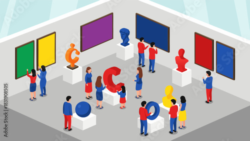 Isometric illustration of an art gallery with visitors admiring colorful abstract sculptures and modern paintings, a vibrant cultural exhibition scene