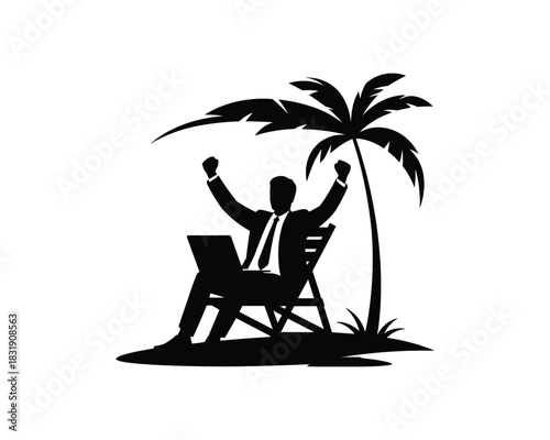 Freelance businessman working remotely on laptop under palm tree vacation silhouette